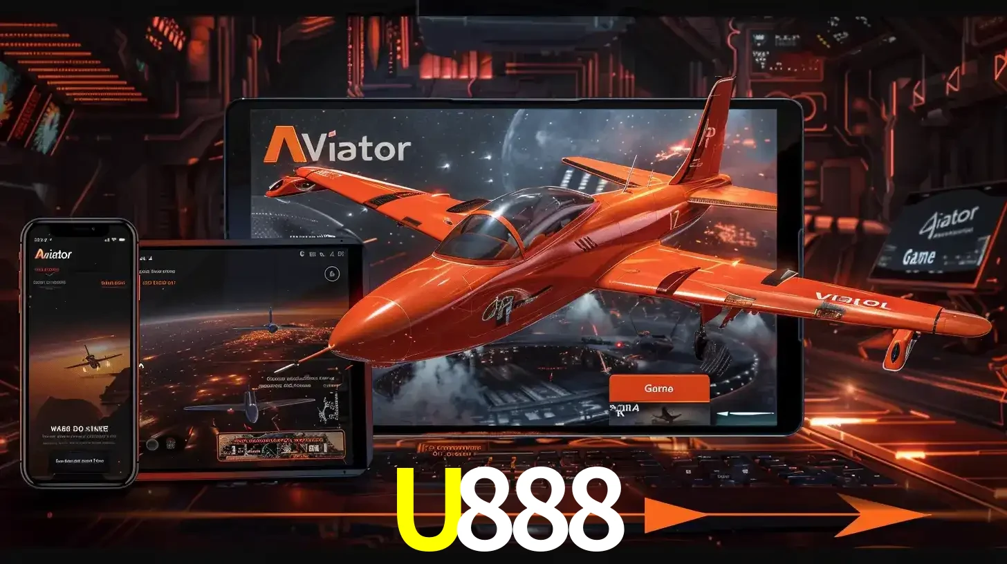 Apresentação tecnológica do jogo Aviator com um avião saindo da tela de um tablet, demonstrando a experiência imersiva em múltiplos dispositivos no U888.