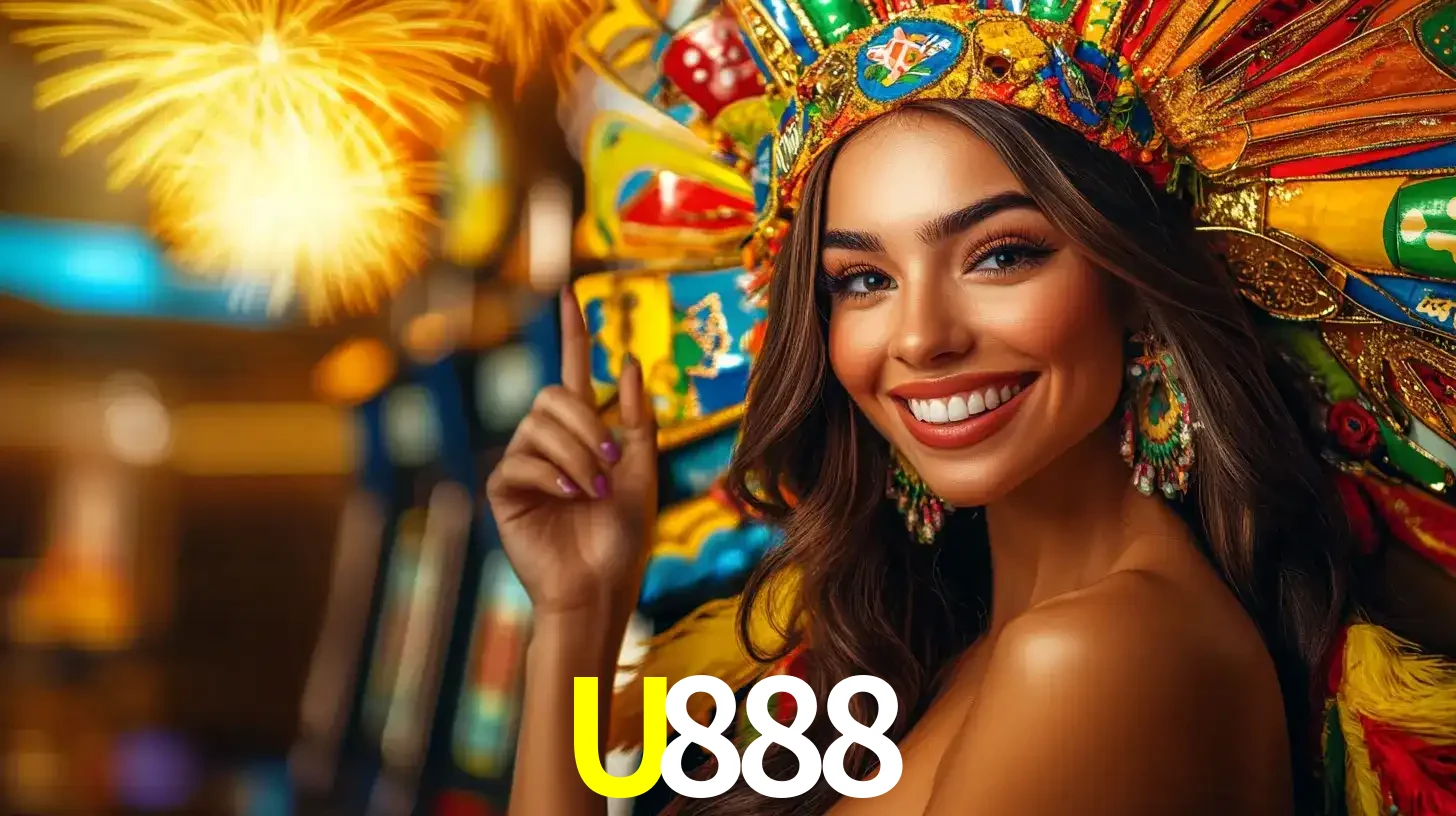 Mulher sorridente com um cocar de carnaval vibrante e colorido, celebrando uma grande vitória nos jogos do cassino U888 com fogos de artifício ao fundo.