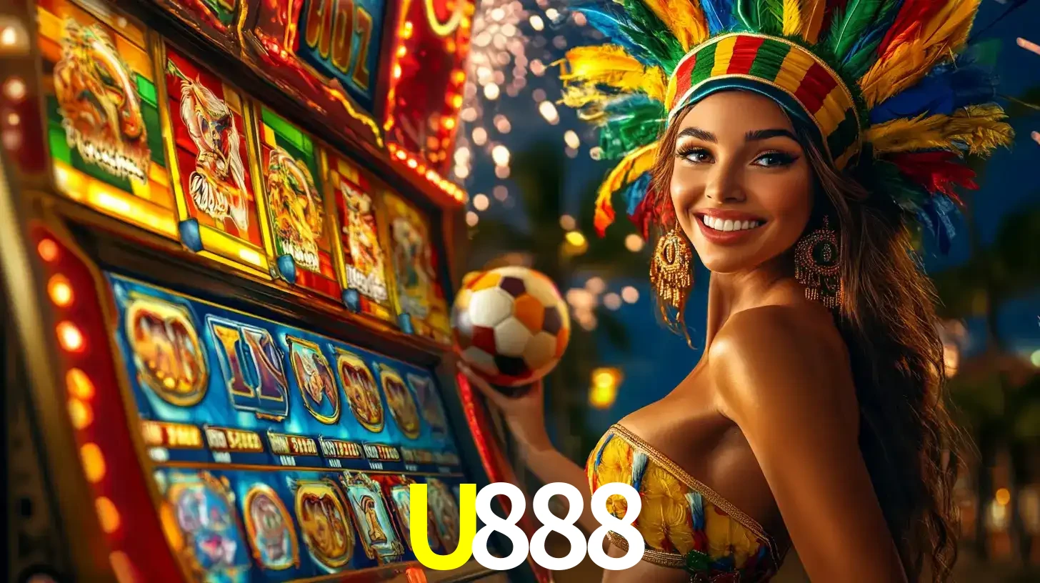 Mulher com um cocar de carnaval ao lado de uma máquina de caça-níqueis enquanto segura uma bola de futebol, mostrando a união da diversão de cassino e esportes no U888.