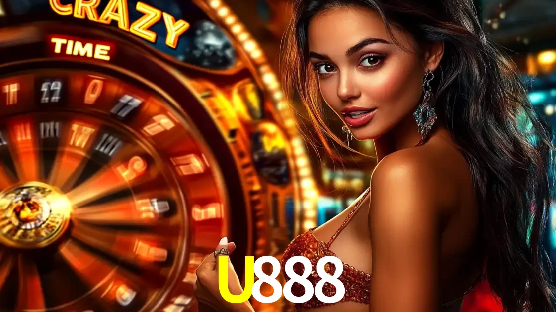 Mulher ao lado da roda de prêmios do jogo de cassino ao vivo Crazy Time, um dos shows de jogos mais emocionantes oferecidos pela plataforma de apostas U888.