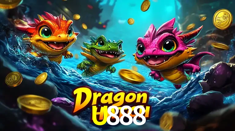 Arte promocional do jogo Dragon Hatch com três adoráveis dragões bebês nadando entre moedas de ouro, um dos slots mais divertidos para jogar no cassino U888.