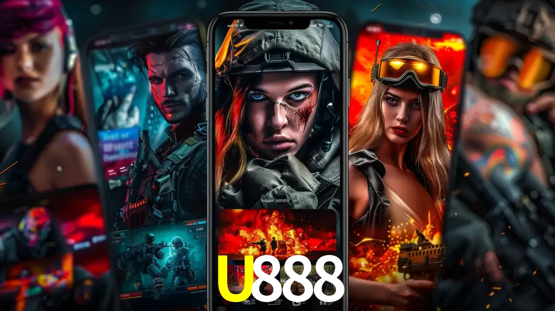 Montagem de telas de celular mostrando diversos personagens, masculinos e femininos, de um jogo de tiro, ilustrando a diversidade de equipes de e-sports para apostar no U888.