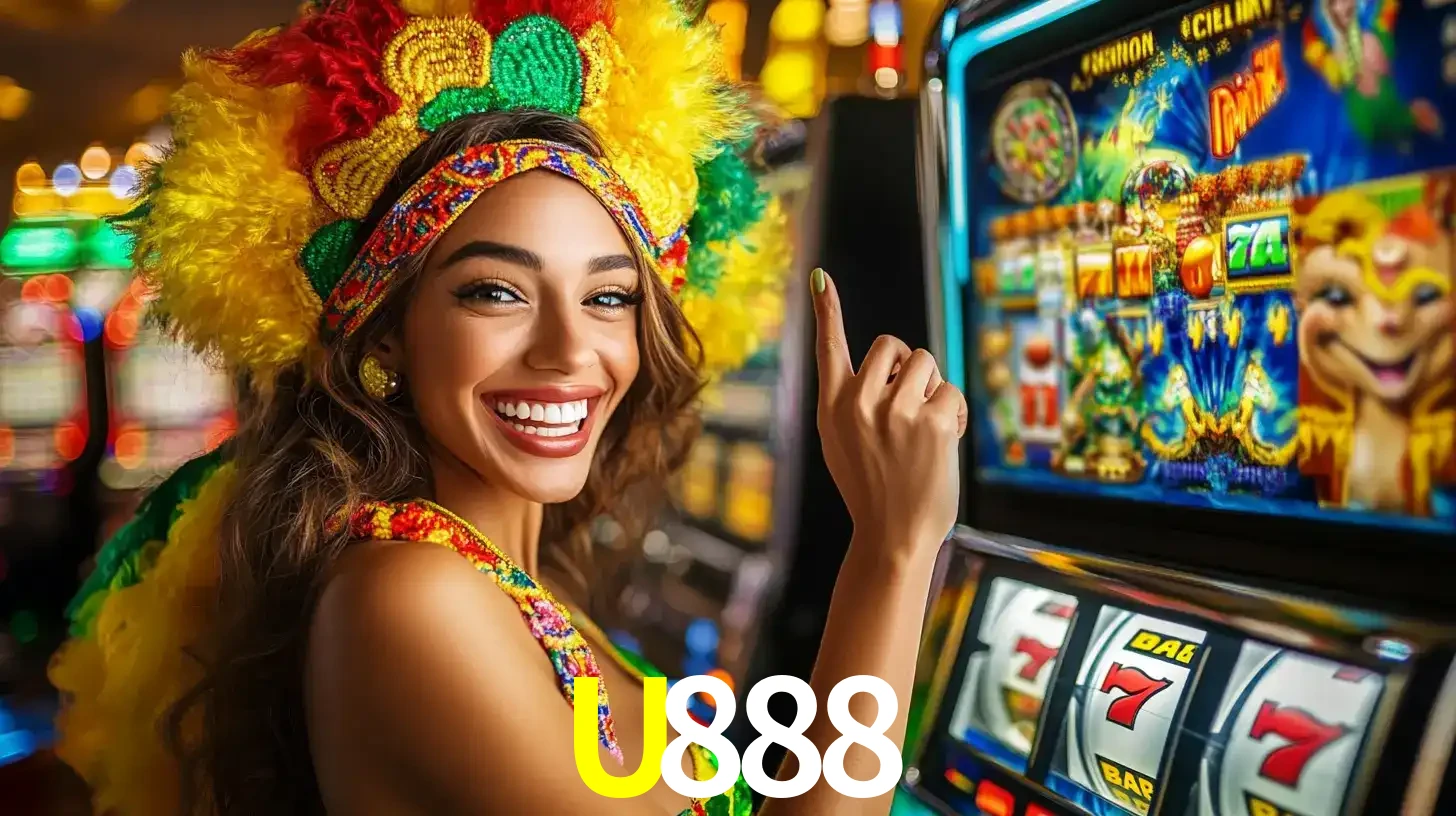 Mulher animada com um cocar de carnaval apontando para uma máquina de caça-níqueis, mostrando a emoção de ganhar um grande prêmio nos jogos do U888.