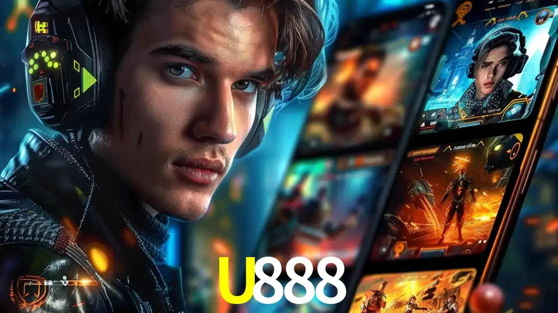 Jovem jogador com fones de ouvido olhando para a câmera, com um aplicativo de jogos e e-sports para celular ao fundo, pronto para a competição e apostas no U888.