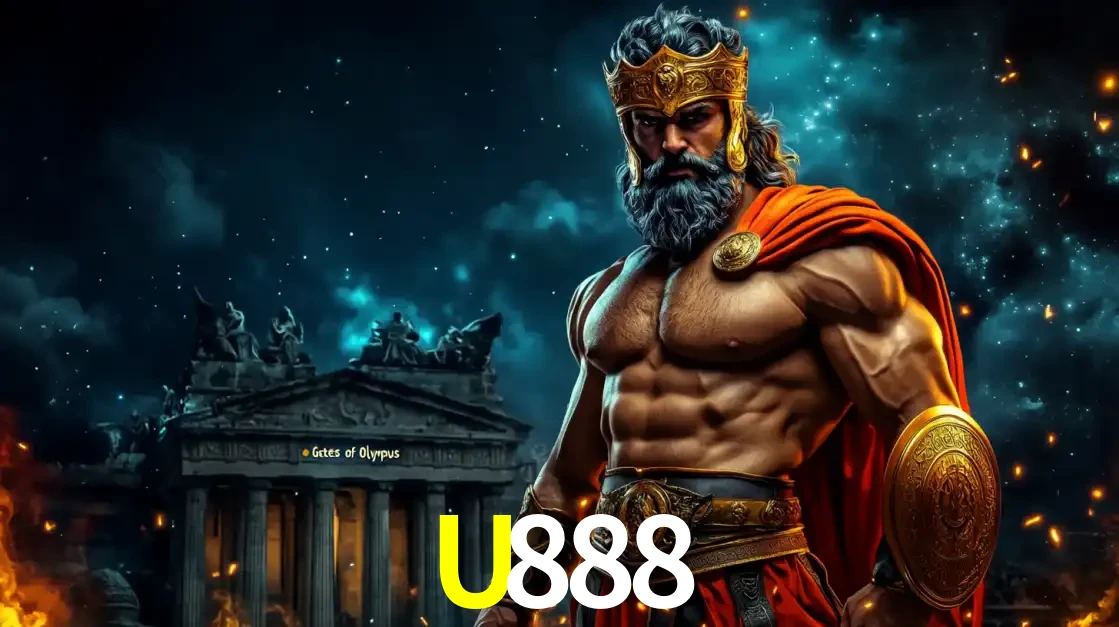 O poderoso Zeus do jogo de slot Gates of Olympus em frente ao seu templo, pronto para lançar multiplicadores divinos e prêmios épicos no cassino online U888.