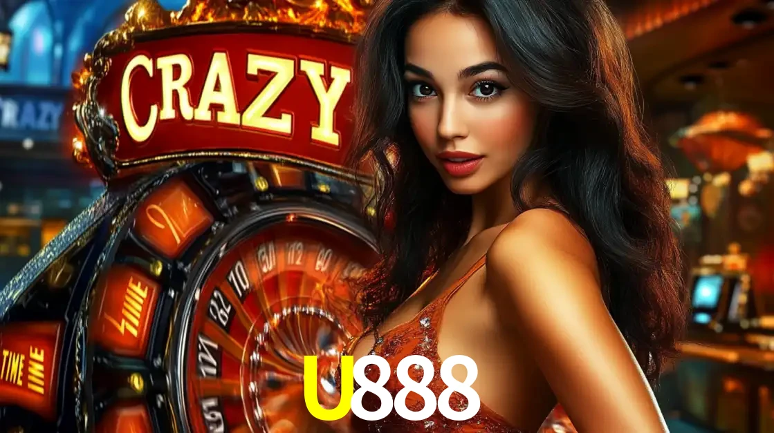 Mulher glamourosa olhando para a câmera com a roda vermelha do Crazy Time ao fundo em um ambiente de cassino, destacando a emoção dos jogos ao vivo no U888.