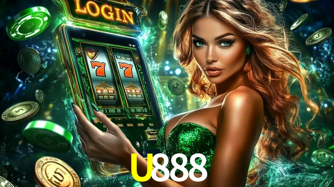 Mulher com tema verde apresentando o aplicativo do cassino U888 com um jogo de slot de 777, cercada por fichas de cassino e uma aura de sorte.