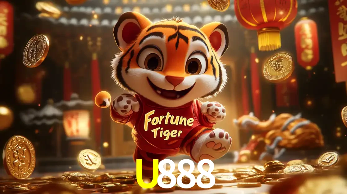 O alegre personagem do Fortune Tiger correndo sobre um caminho de moedas de ouro, simbolizando os grandes prêmios e a diversão do popular jogo de slot do U888.