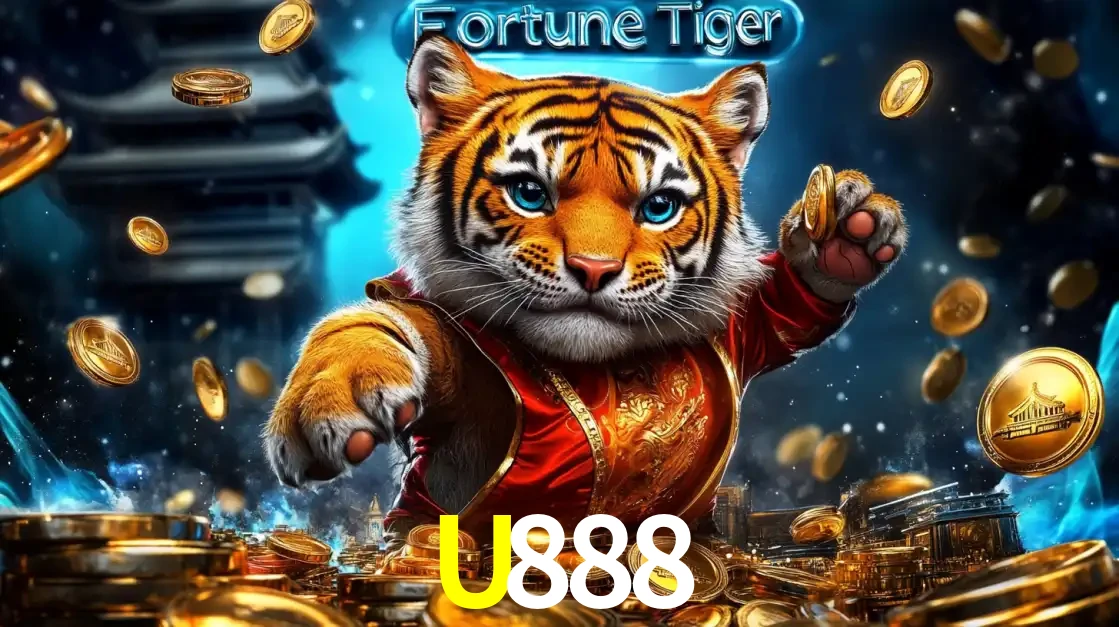 Imagem promocional do jogo de slot Fortune Tiger, com um tigre majestoso em traje tradicional cercado por uma fortuna em moedas de ouro, disponível agora no cassino U888.