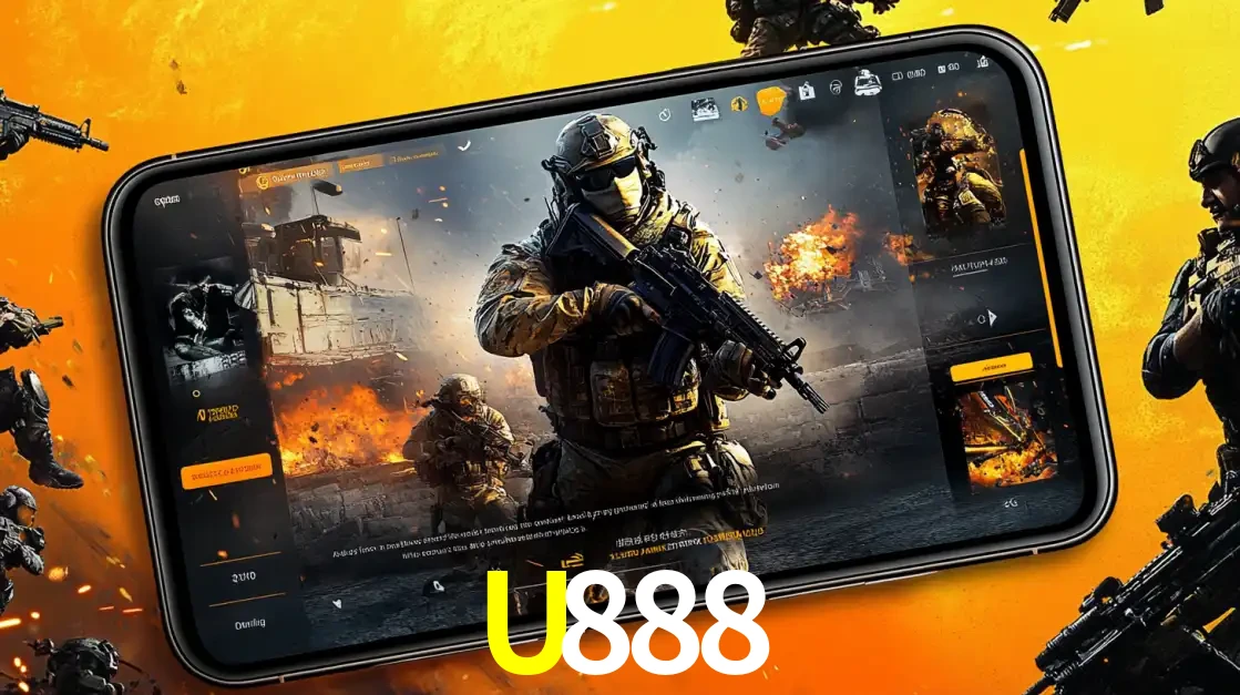 Um smartphone exibindo a interface de um jogo de tiro em primeira pessoa, com um soldado em um cenário de batalha, representando a ação dos e-sports para apostar no U888.