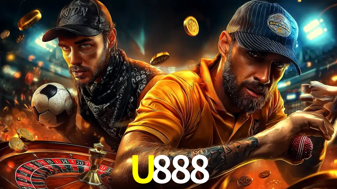 Montagem de apostas esportivas e cassino no U888, com um homem segurando uma bola de futebol e outro uma de beisebol sobre uma roleta e moedas voadoras.