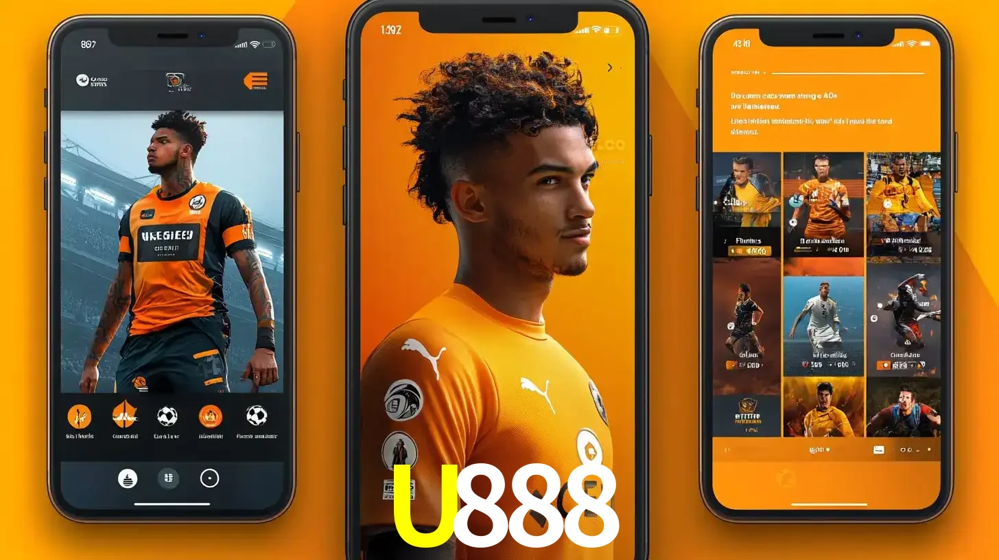 Interface do aplicativo de apostas esportivas U888 em três telas de celular, mostrando o perfil de um jogador de futebol e a lista de jogos disponíveis para apostar.