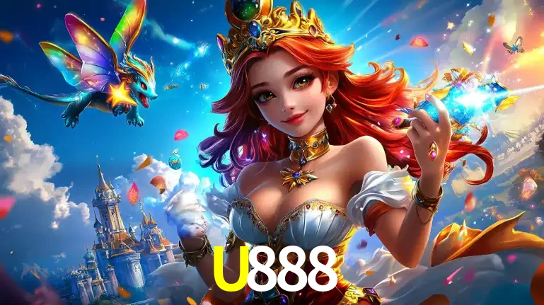 A princesa de um reino de fantasia mágico, com seu pequeno dragão, apresentando um mundo de prêmios encantados nos jogos de caça-níqueis do cassino U888.