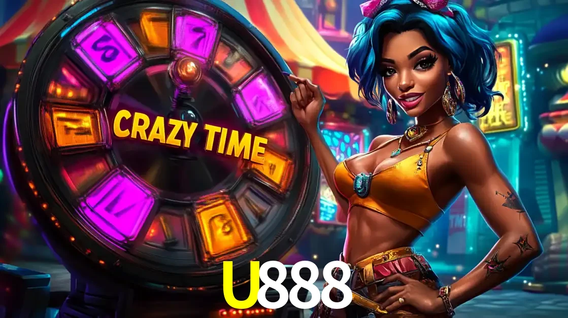Mulher estilizada com cabelo azul e visual vibrante posando ao lado da roda de prêmios do game show Crazy Time, convidando para a diversão e os bônus do cassino U888.