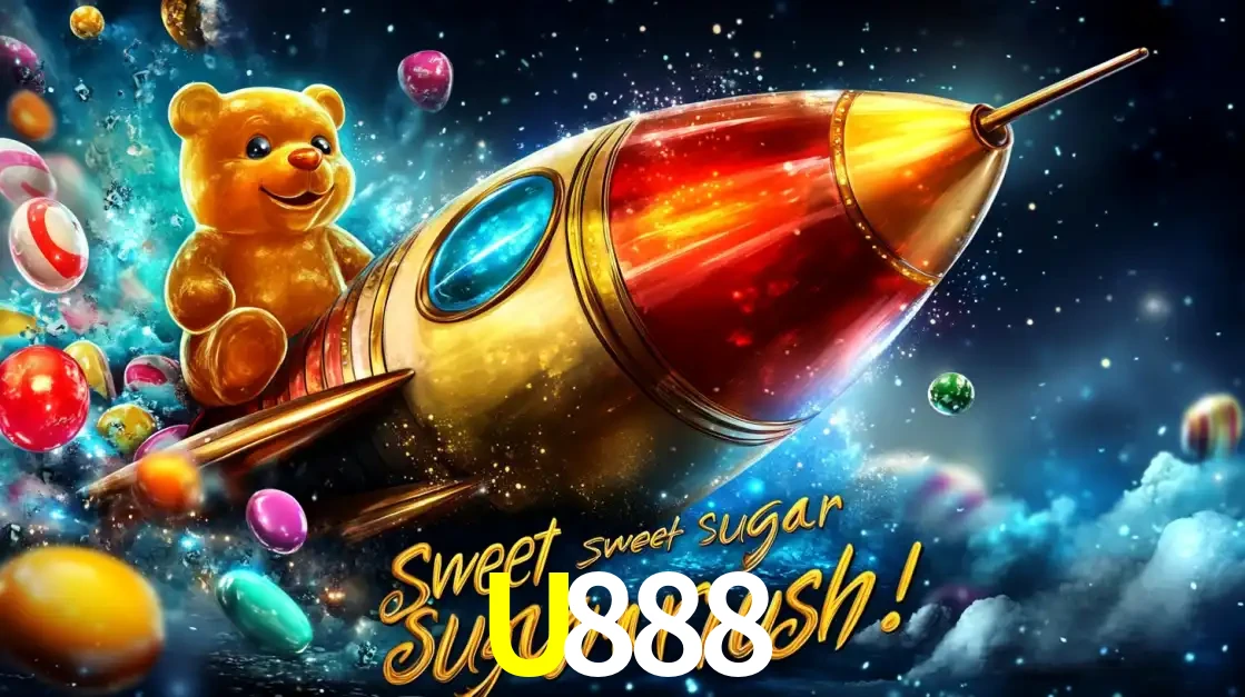 Arte promocional do jogo de slot Sugar Rush, com um urso de pelúcia em um foguete viajando pelo espaço de doces, um dos jogos divertidos disponíveis no cassino U888.
