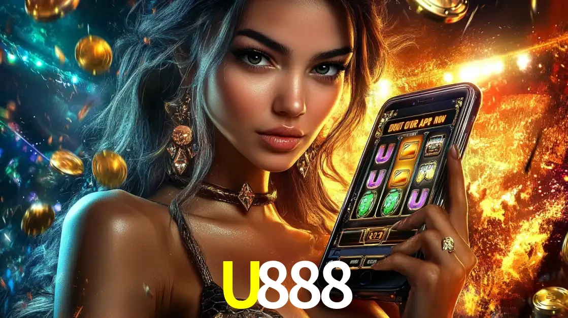 Mulher elegante mostrando um jogo de caça-níqueis em seu smartphone, destacando a experiência de cassino móvel oferecida pelo aplicativo U888.