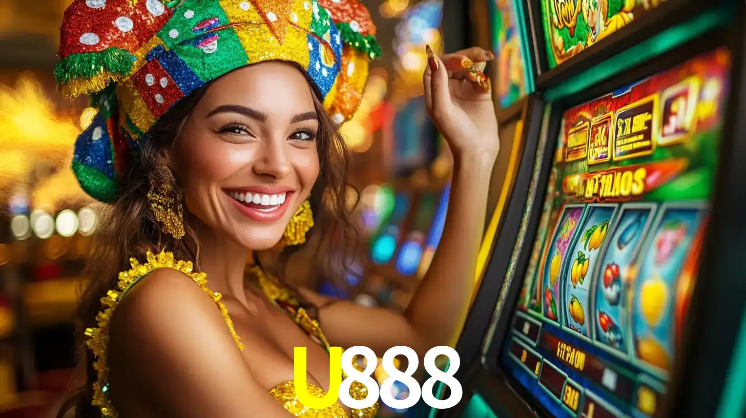 Mulher feliz com traje de carnaval amarelo e colorido ao lado de uma máquina de caça-níqueis, aproveitando a diversão e os jogos temáticos do cassino U888.