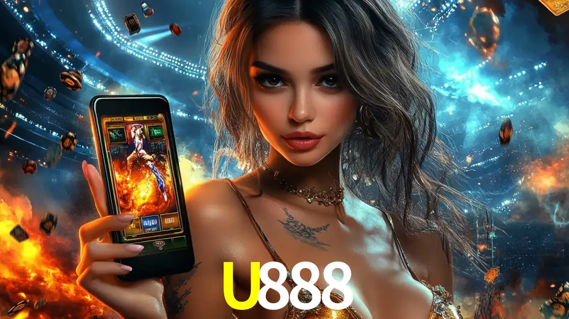 Mulher segurando um celular com um jogo de slot em destaque, tendo como fundo um estádio vibrante, simbolizando a emoção de jogar no cassino móvel U888.
