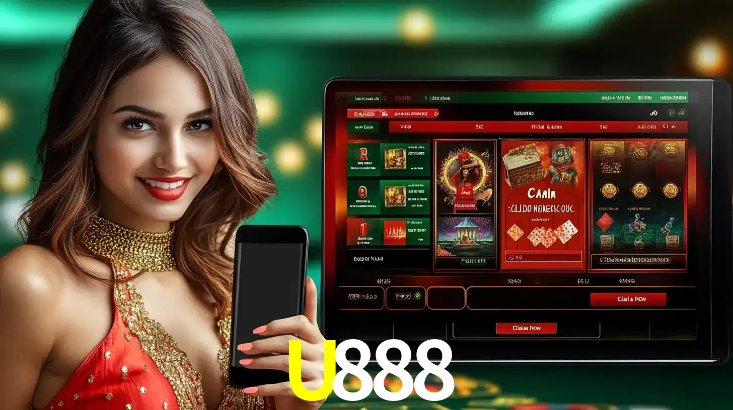 Mulher sorridente segurando um smartphone, ao lado de uma tela exibindo o lobby de jogos do cassino online U888, com várias opções de jogos de cartas e slots.